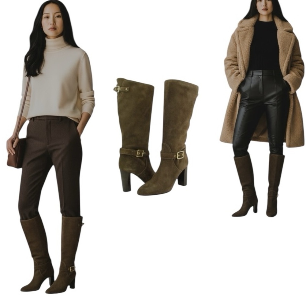 Coach Robynn Mid-Calf Boots Flint Brown Kidskin Suede Round Toe Quiet Luxury